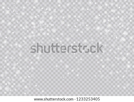 Snowflake transparent decoration effect. Christmas falling snow vector isolated on light background. Xmas snow flake pattern. Magic white snowfall texture. Winter snowstorm backdrop illustration.