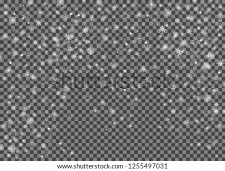 Snowflake transparent decoration effect. Christmas falling snow vector isolated on light background. Xmas snow flake pattern. Magic white snowfall texture. Winter snowstorm backdrop illustration.
