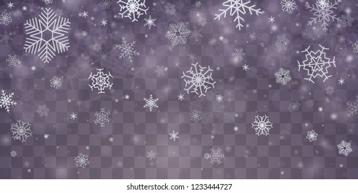 Snowflake transparent decoration effect. Fall of snow. Christmas abstract pattern. Xmas snow flake pattern. Transparent background. Vector heavy snowfall.