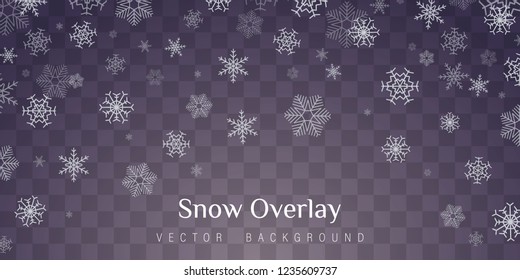 Snowflake transparent decoration effect. Fall of snow. Christmas abstract pattern. Xmas snow flake pattern. Transparent background. Vector heavy snowfall.