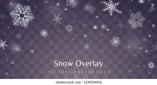 Snowflake transparent decoration effect. Fall of snow. Christmas abstract pattern. Xmas snow flake pattern. Transparent background. Vector heavy snowfall.