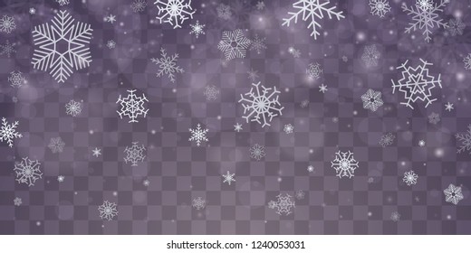 Snowflake transparent decoration effect. Fall of snow. Christmas abstract pattern. Xmas snow flake pattern. Transparent background. Vector heavy snowfall.
