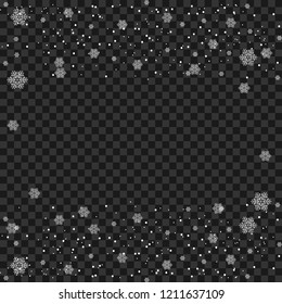 Snowflake transparent. White glittering snow dust trail sparkling particles, shimmer vector background. Snowfall effect. Glowing round particles. Celebration and party.