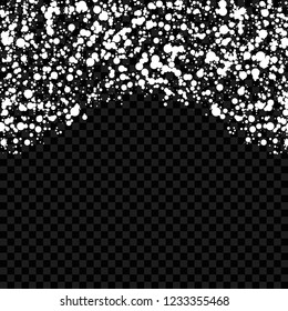 Snowflake transparent. White glittering snow dust trail sparkling particles, shimmer vector background. Snowfall effect. Glowing round particles. Celebration and party.