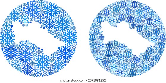 El collage de mapas de Turkmenistán con copos de nieve se forma con esfera y espacio reducido. Vector Turkmenistan mapea el collage de partículas de copo de nieve de diferentes tamaños y tonos azules.
