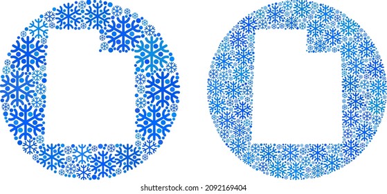 Snowflake Utah State map collage is created with circle and stencil. Vector Utah State map collage of snow items in various sizes and blue color tones. Created for New Year posters.