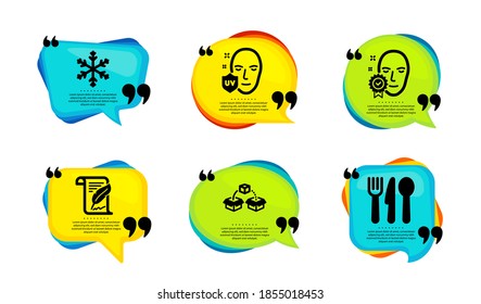 Snowflake, Uv Schutz und Paketversand Symbole einfache Set. Sprechen Sie mit Zitaten. Feder-, Gesichts- und Lebensmittelzeichen. Schnee, Ultraviolett, Briefkasten. Vektorgrafik