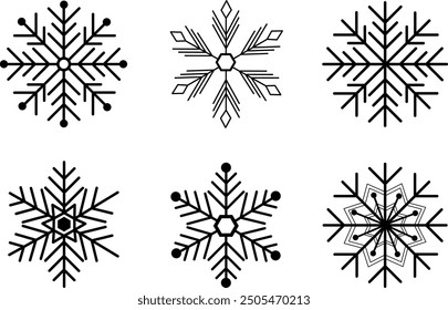 Schneeflocken-Variationen-Icon-Sammlung. Schneeflocken-Symbole gesetzt. Schneeflocken-Symbole. Schneesymbol. Frostwinterhintergrund. Schneeflocken, Eiskristall einzeln. Vektorgrafik