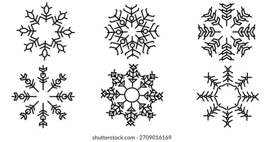 Colección de iconos de variaciones de copo de nieve. Conjunto de iconos de copo de nieve. Símbolos de copo de nieve. Icono de nieve. Fondo de invierno helado. Copos de nieve de cristal de hielo aislado. Ilustración vectorial