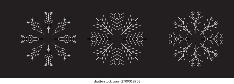 Coleção de ícones de variações de floco de neve. Ícones de floco de neve definidos. Símbolos de flocos de neve. Ícone de neve. Fundo de inverno gelado. Flocos de neve isolados de cristal de gelo. Ilustração vetorial