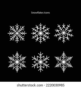 Snowflake variations icon collection isolated on black background. Snowflake icons set. Snowflake symbols. Snow icon. 