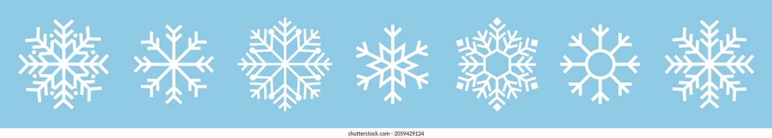 Snowflake Variations Icon Collection. Snowflakes White Ice Crystal On Blue Background. Winter Symbol. Christmas Logo Sign. Vector Illustration.