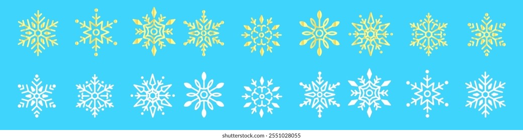 Snowflake variations icon collection. Snowflakes white ice and gold crystal on blue background. Christmas element