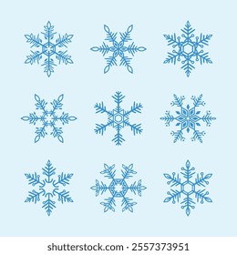 Snowflake variations icon collection. Snowflakes Blue ice crystal on blue background. Winter symbol. Christmas logo sign.