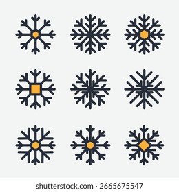 Colección de iconos de variaciones de copo de nieve. Copos de nieve de cristal de hielo blanco sobre fondo blanco. Símbolo de invierno. Signo del logotipo de Navidades.