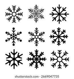 Colección de iconos de variaciones de copo de nieve. Copos de nieve de cristal de hielo blanco sobre fondo blanco. Símbolo de invierno. Signo del logotipo de Navidades.