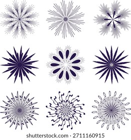 Coleção de ícones de variações de floco de neve. Flocos de neve cristal de gelo branco sobre fundo branco. Símbolo de inverno