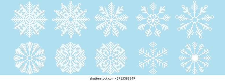 Coleção de ícones de variações de floco de neve. Flocos de neve cristais de gelo branco sobre fundo azul. Símbolo de inverno. Sinal de logotipo de Natal. Ilustração vetorial. EPS 10.