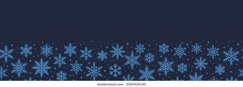 Snowflake vector banner, seamless repeating festive holiday border pattern, dark Christmas or New Year empty cover or invite design