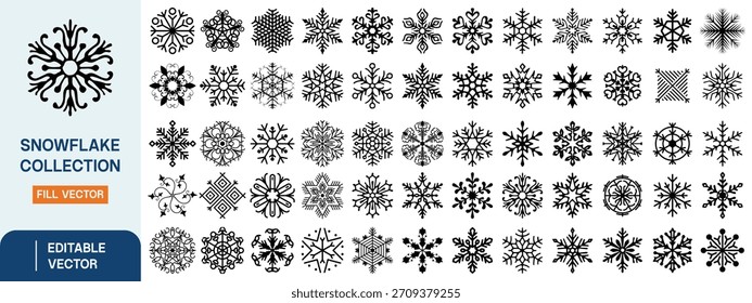 Colección de Vector de copo de nieve, copos de nieve decorativos de invierno e iconos geométricos de cristal de hielo