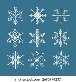 Snowflake Vector Collection, Detailed White Winter Crystal Bundle Illustration, Editable Line Art for Holiday Cards, Seasonal Backgrounds, and Christmas Projects