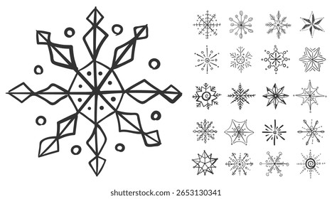Snowflake vector collection. Frozen flake icons in ink and doodle design. Hand drawn ornaments for winter celebration. Christmas and new year decoration for seasonal greeting and cold backgrounds.

