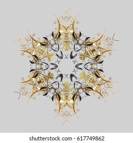 Snowflake vector design in colors. Snow flakes background with doodles and golden elements.