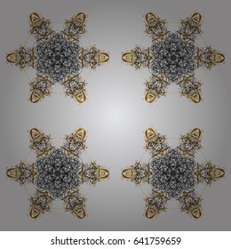 Snowflake vector design in colors. Snow flakes background with doodles and golden elements.