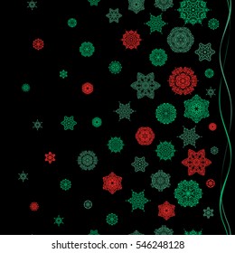 Snowflake vector design in red and green colors. Seamless pattern. Snow flakes background.