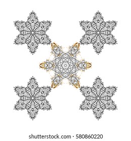Snowflake vector design in white colors. Snow flakes background with golden elements.