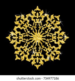Snowflake vector gold icon. Shine delicate lace graceful flake of snow. Decor for decorating expensive, luxury packaging, greeting card, flyer, brochure or catalog. Illustration isolated on black.
