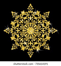 Snowflake vector gold icon. Shine delicate lace graceful flake of snow. Decor for decorating expensive, luxury packaging, greeting card, flyer, brochure or catalog. Illustration isolated on black.