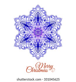 Snowflake. Vector hand drawn decorative colored illustration with pattern and "Merry ChristmasÂ» text. It may be used for design of a t-shirt, bag, postcard, a poster. In zentangle style. Colored