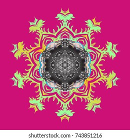 Snowflake vector icon background magenta, green, gray color. Xmas frost snow flake isolated silhouette symbol. Weather illustration ice collection. Vector. Winter christmas snow flat crystal element.