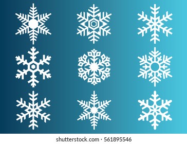 Snowflake Vector Icon Background Set White Color. Winter Blue Christmas Snow Flake Crystal Element. Weather Illustration Ice Collection. Xmas Frost Flat Isolated Silhouette Symbol