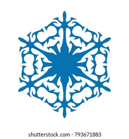Snowflake vector icon blue color. Winter white christmas snow flake crystal element. Weather illustration ice collection. Xmas frost flat isolated silhouette symbol