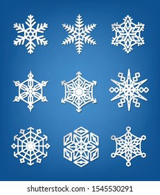 Snowflake vector icon for Christmas decoration on blue background.