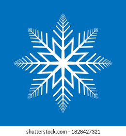 Snowflake vector icon. Ice and snow crystal flake symbol. Weather snowfall sign. Frost and cold logo. Decorative christmas pattern. Silhouette isolated on blue background.