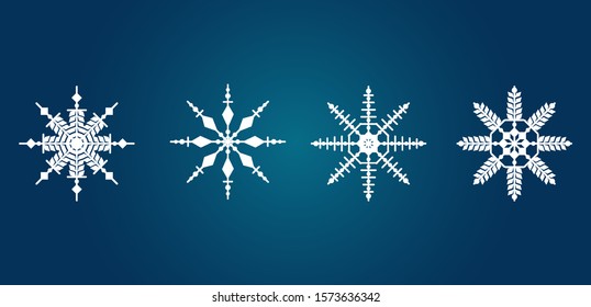 Snowflake vector Icon set. Christmas geometric illustration on blue gradient isolated background.
