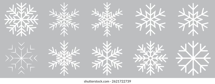 Snowflake vector icon set. Winter snow symbol. Set of White snowflake icons collection isolated on black background. Hand drawn snowflake doodle vector icon collection, winter snow symbol.