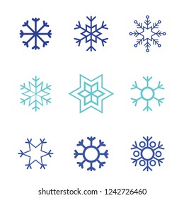 Snowflake vector icon white background set color. Winter blue christmas snow flat crystal element. Weather illustration ice collection. Xmas frost snow flake isolated. 9 icons