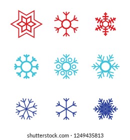 Snowflake vector icon white background set color. Winter blue christmas snow flat crystal element. Weather illustration ice collection. Xmas frost snow flake isolated. 9 icons