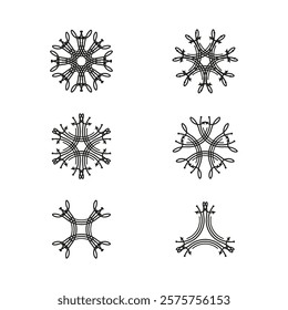 Snowflake vector icons. Black geometric shapes. Decorative winter elements. Modern symmetrical forms.