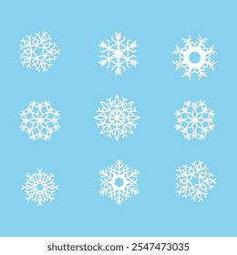 Snowflake vector icons collection. Set of white snowflakes on blue background