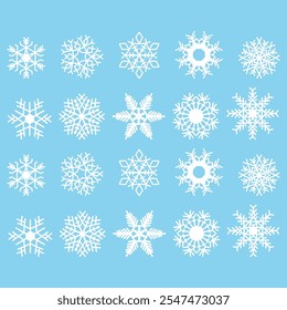 Snowflake vector icons collection. Set of white snowflakes on blue background