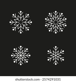 Snowflake vector icons. White snow symbols. Black background contrast. Winter decoration set.