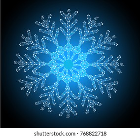 snowflake vector illustration , low poly , on a dark background , shining icy beauty