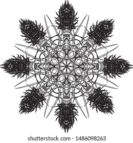 Snowflake. Vector isolated illustration. New Year's and Christmas. Complicated snowflake. Linear geometric pattern. Black on white.