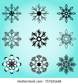 Snowflake vector line art set black and white o blue background