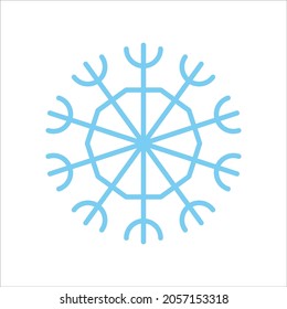 Schneeflocken, Vektorsymbol. Schild mit blauem Schneeflocken für Weihnachtssymbol, Neujahrsdekoration, Weihnachtswebbanner. Lineares Eis- oder Schneemblem. Feierliche Wintersaison Logotyp. Minimalistische Illustration.